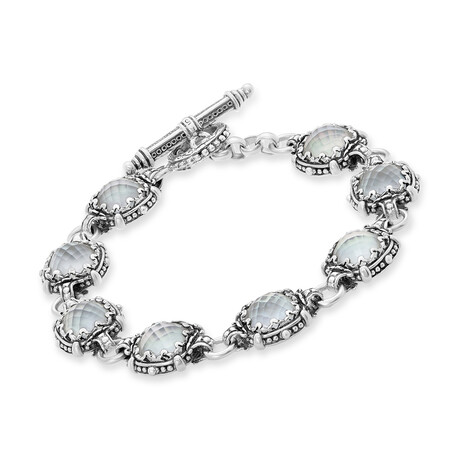 Konstantino // Sterling Silver Mother Of Pearl + Rock Crystal Doublet Link Bracelet // 6.75" // New