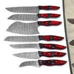 Damascus Chef Knife Set // Red Pakka Wood Handle