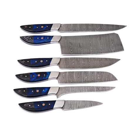 Damascus Chef Knife Set // Blue Pakka Wood Handle