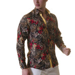 Leaves Reversible Cuff Long-Sleeve Button-Down Shirt // Black + Red + Yellow + Multicolor (5XL)