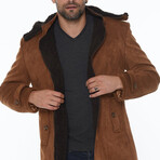 Mock Neck Plush Detail Overcoat // Light Brown + Brown (M)