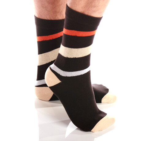 Soft Combed Cotton Socks // Dark Brown With Orange & Beige Lines