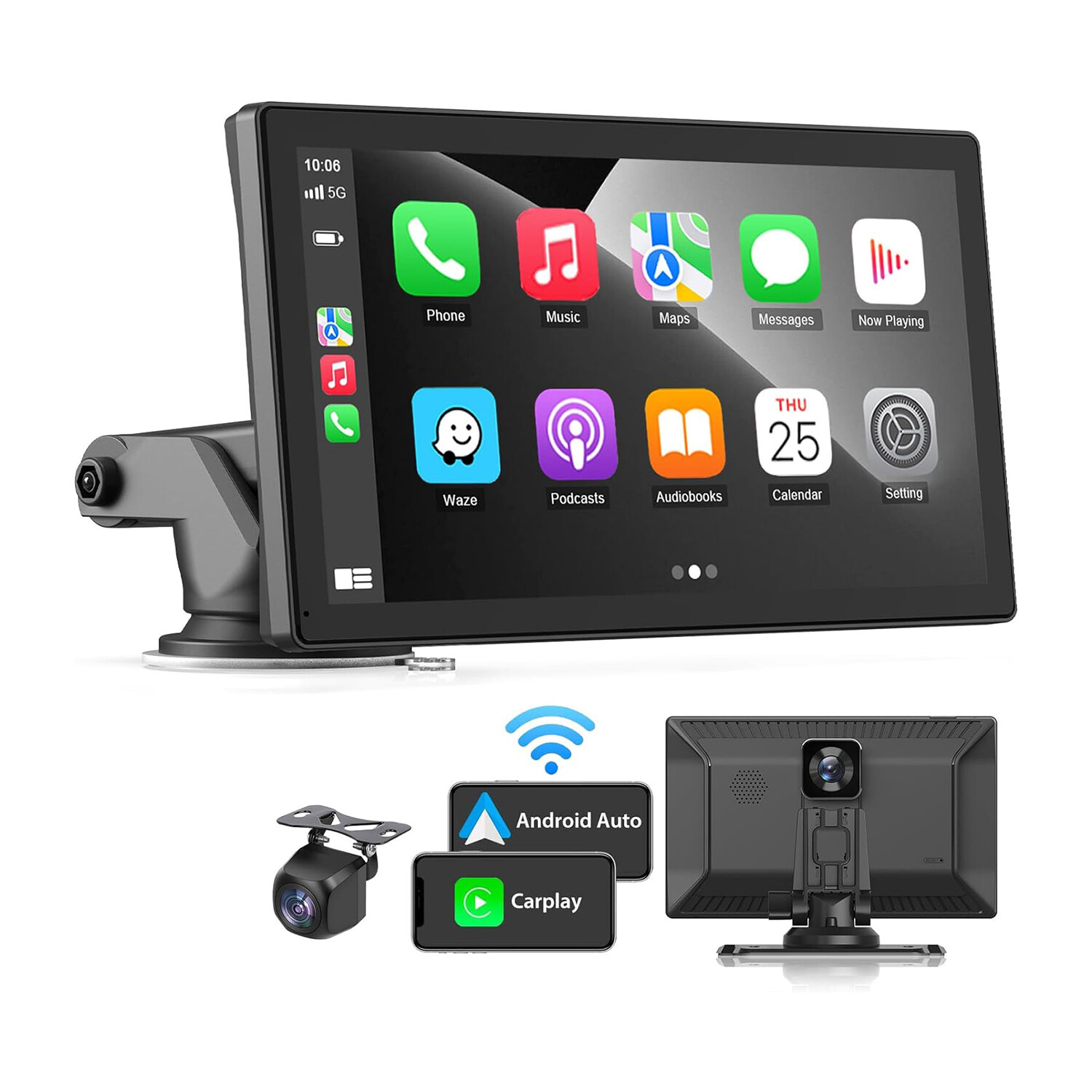 Portable 9-inch touchscreen Apple Carplay and Android Auto, 2.5K dash cam,  1080p backup camera DVR, Drive Mate Carplay navigation with mirror link -  Siri FM Bluetooth - Skisea 9 Touchscreen + Apple