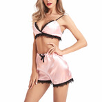 Eyelash Lace Satin + Cami Shorts Lingerie Set // 2-Piece Set // Pink (S)