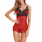 Transparent Lace Lingerie + G-String // 2-Piece Set // Red (M)