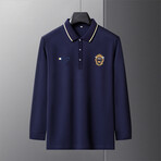 Polo Long Sleeve Shirt // Button closure // Blue Navy + White Line Collar (M)
