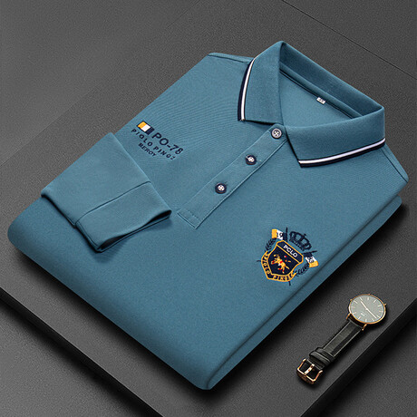 Polo Long Sleeve Shirt // Button closure // Light Blue + White Line Collar (M)