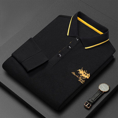 Polo Long Sleeve Shirt // Button closure // Black + Yellow (XS)