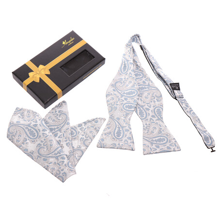 Bow Tie And Hanky Set // Grey + White + Blue Paisley