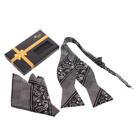 Bow Tie And Hanky Set // Black + Silver Paisley