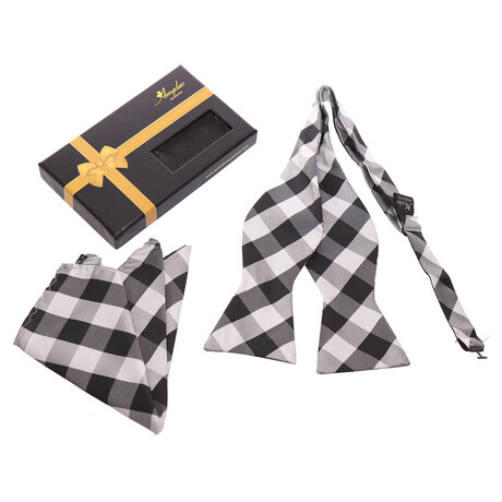 Bow Tie And Hanky Set // Black + White + Grey Plaid