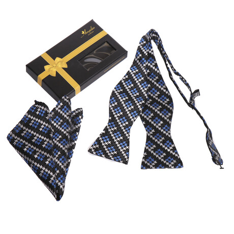 Bow Tie And Hanky Set // Black + White + Blue