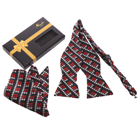 Bow Tie And Hanky Set // Black + Red + White Crosses