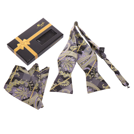 Bow Tie And Hanky Set / Purple + Black + Gold