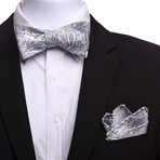 Bow Tie And Hanky Set // Grey + White + Blue Paisley
