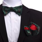 Bow Tie And Hanky Set // Green + Black + Red Paisley