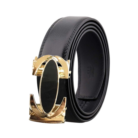 Leather Belt //  Black Belt + Black and Gold Buckle // Model AEBL184