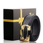 Leather Belt //  Black Belt + Black and Gold Buckle // Model AEBL184