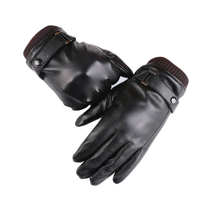 Touch Screen Manmade Leather Gloves // Button Wrist Strap  // Black // AEGP003