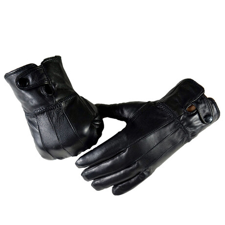 Touch Screen Leather Gloves // Button Wrist Strap // Black // AEGL002