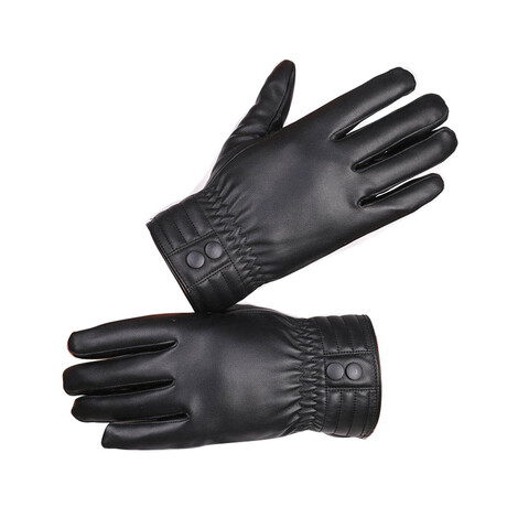 Touch Screen Manmade Leather Gloves // Button Wrist Strap V5 // Black // AEGP009
