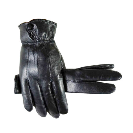 Touch Screen Leather Gloves // Button Wrist Strap  // Black // AEGL003