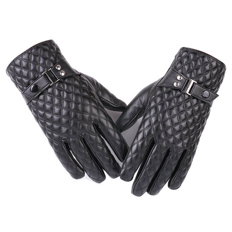 Touch Screen Quilted Manmade Leather Gloves  // Button Wrist Strap // Black // AEGP005