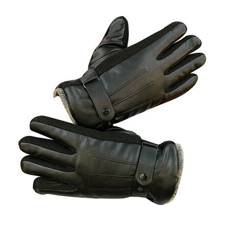 Touch Screen Manmade Leather and Fabric Gloves // Button Wrist Strap // Black // AEGP004