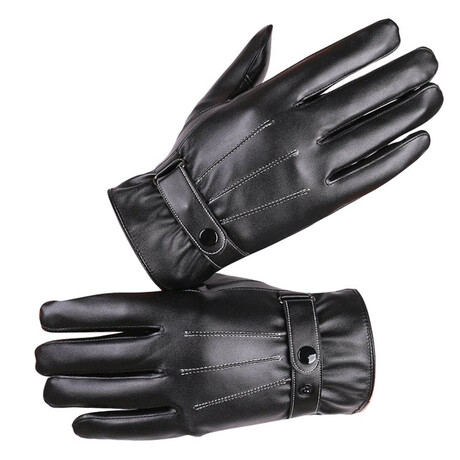Touch Screen Manmade Leather Gloves // Button Wrist Strap // Black // AEGP002