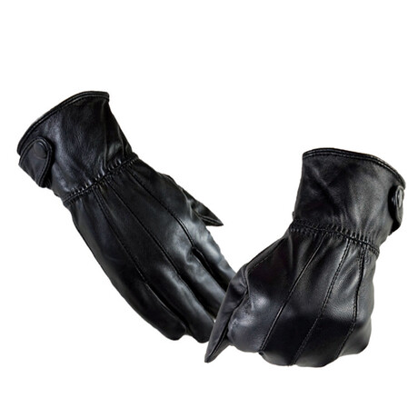 Touch Screen Leather Gloves // Button Wrist Strap  // Black // AEGL005