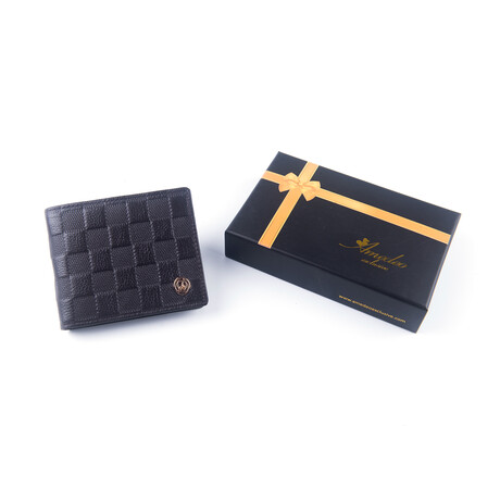 Big Checkered Texture Leather Wallet // Black