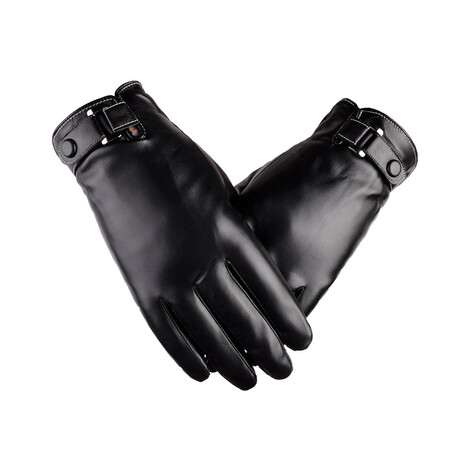 Touch Screen Manmade Leather Gloves // Button Wrist Strap  // Black // AEGP006