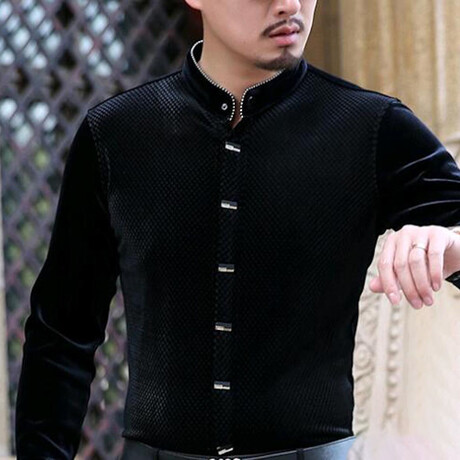 Velvet Shirt // Textured Mao Collar Button Up Black (S)