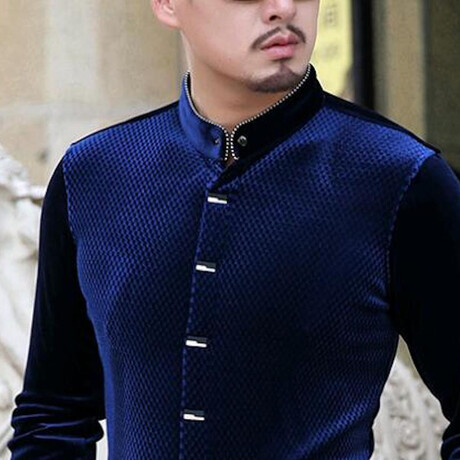 Velvet Shirt // Textured Mao Collar Button Up Blue (S)