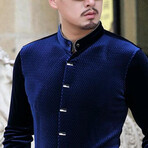 Velvet Shirt // Textured Mao Collar Button Up Blue (L)