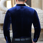 Velvet Shirt // Textured Mao Collar Button Up Blue (L)