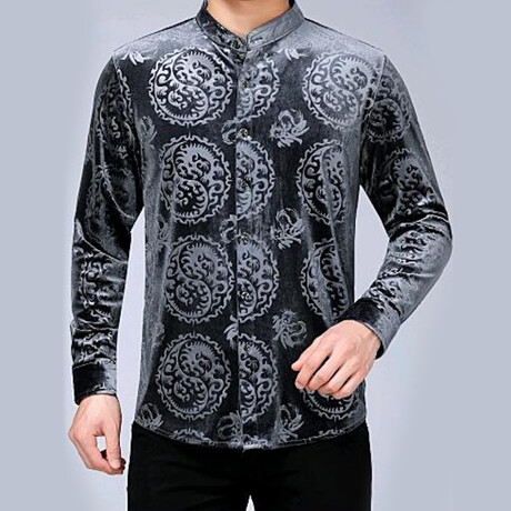 Velvet Shirt // Gray Chinese Dragon Pattern (XS)