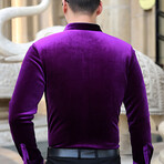 Velvet Shirt // Textured Mao Collar Button Up Purple (4XL)