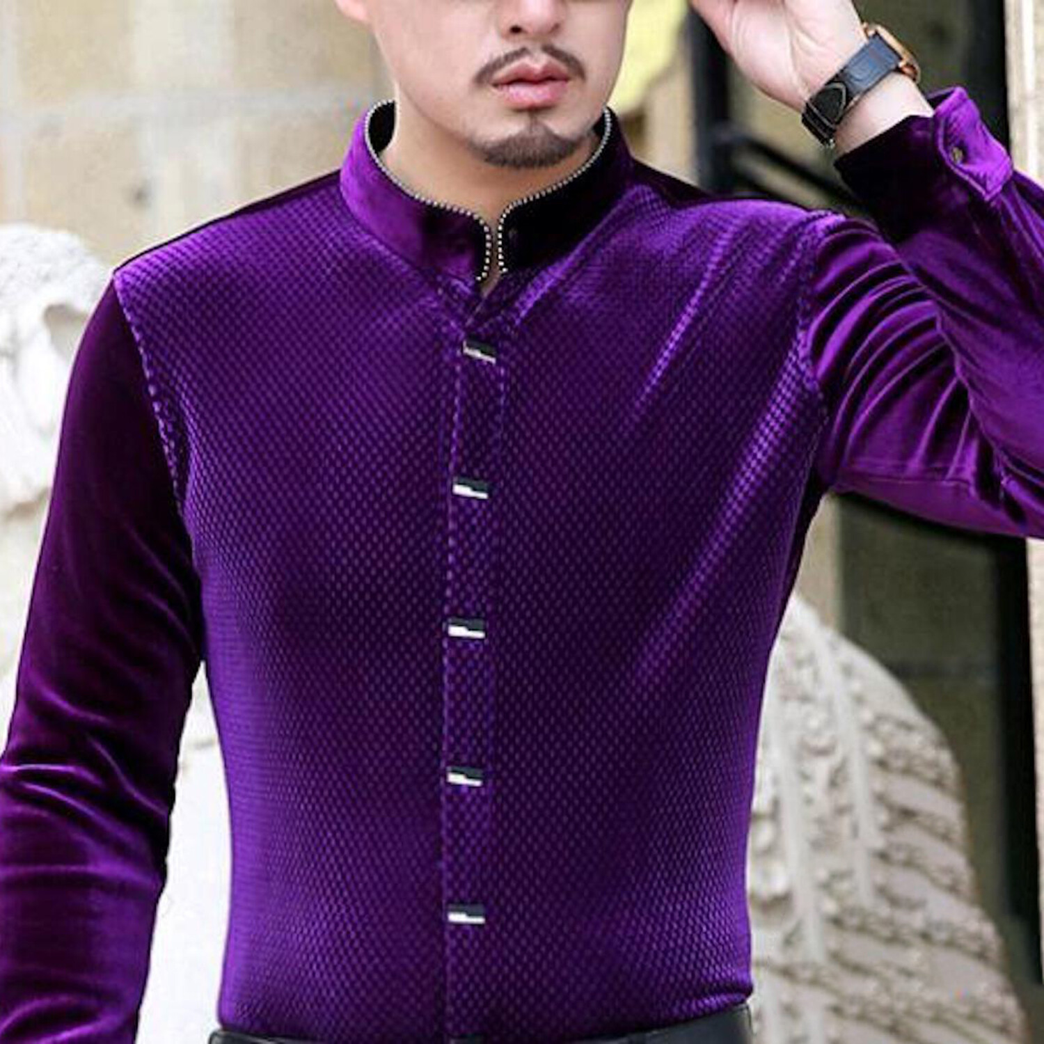 Velvet Shirt // Textured Mao Collar Button Up Purple (XS) - Celino ...