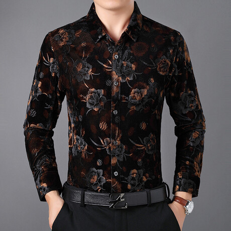 Velvet Shirt // Brown Flower Pattern (XS)