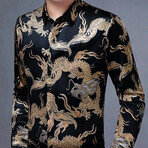 Velvet Shirt // Black + Gold Chinese Dragons (L)