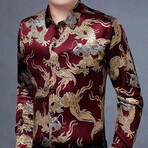 Velvet Shirt // Red + Gold Chinese Dragons (L)