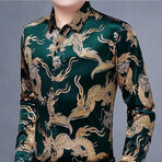 Velvet Shirt // Green + Gold Chinese Dragons (S)