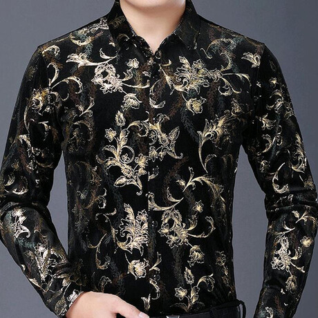 Velvet Shirt // Black + Gold Flowers (XS)