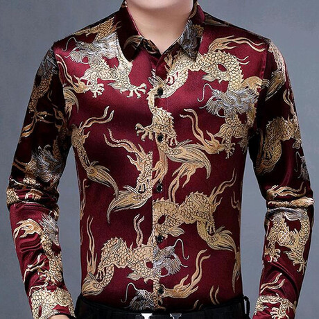 Velvet Shirt // Red + Gold Chinese Dragons (L)