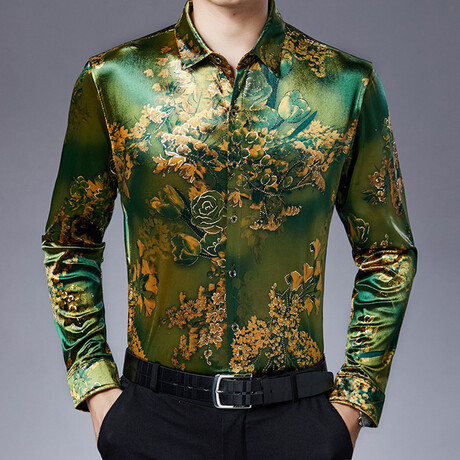 Velvet Shirt // Degraded Green And Gold + Yellow Flowers (L)