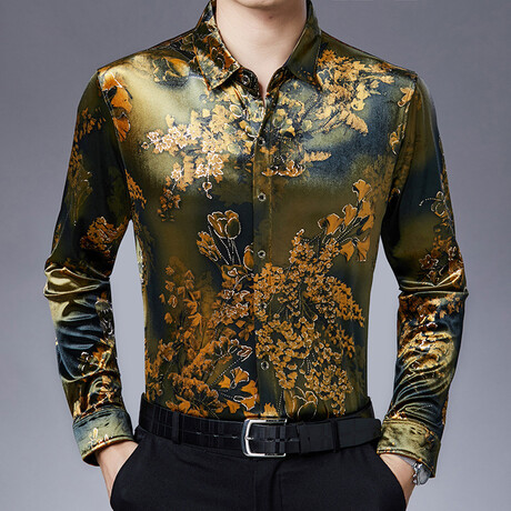 Velvet Shirt // Degraded Black And Gold + Yellow Flowers (XS)