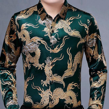 Velvet Shirt // Green + Gold Chinese Dragons (S)