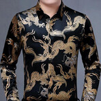 Velvet Shirt // Black + Gold Chinese Dragons (L)