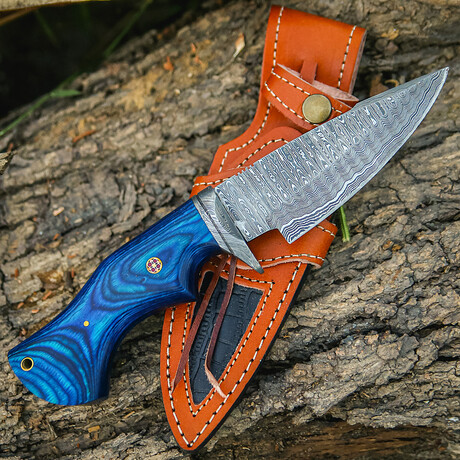 10" Blue Wood Handle // Damascus Knife // Leather Sheath